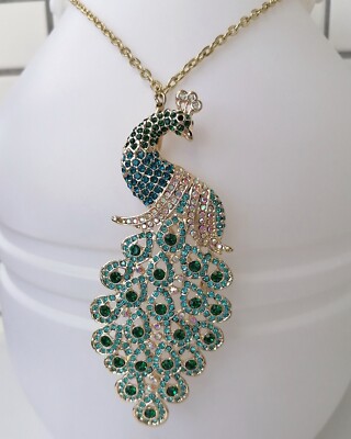 Turquoise Rhinestone Crystal Bird Peafowl Peacock Necklace Pendant NL04871C6