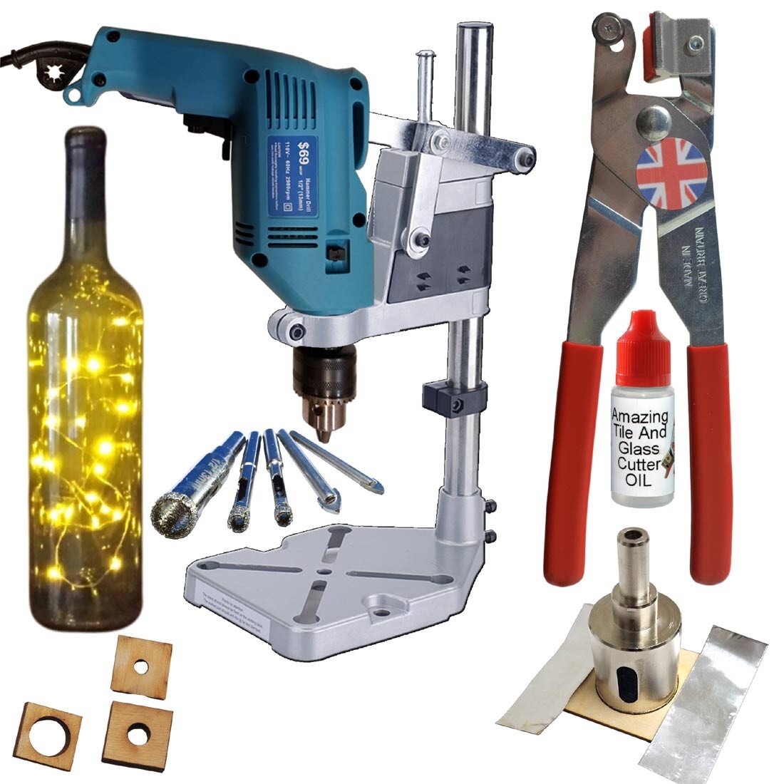 Glass Cutter Glass Drilling Kit Glass Drill Bits Drill Stand Make Bottle Lights