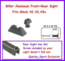  Billet Aluminum Front+Rear Sight, Narrow Type- Fits Glock G42, G43, G43x, Black
