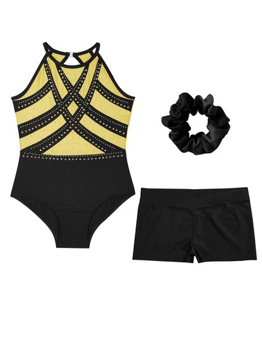 Kids Girls Bodysuit With Shorts Headwear Sleeveless Gymnastics Outfit Glittery - Picture 11 of 65