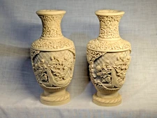 Vintage Norleans Faux Ivory Hand Carved Vase SET Made In Italy 1960's Floral