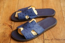 Hermes Izmir Blue Ostrich Leather Sandals Sliders Shoes Mens UK 8 US 9