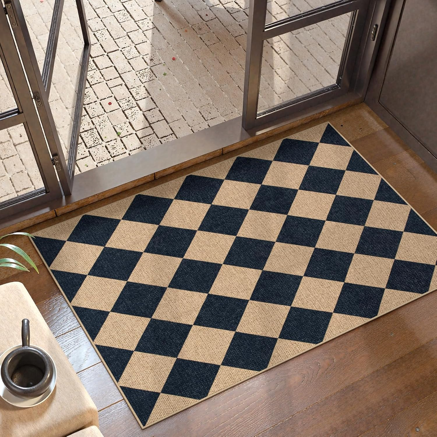 Checkered Neutral Jute Kitchen Rug 2x3 Non-Slip Washable Front Door Mat
