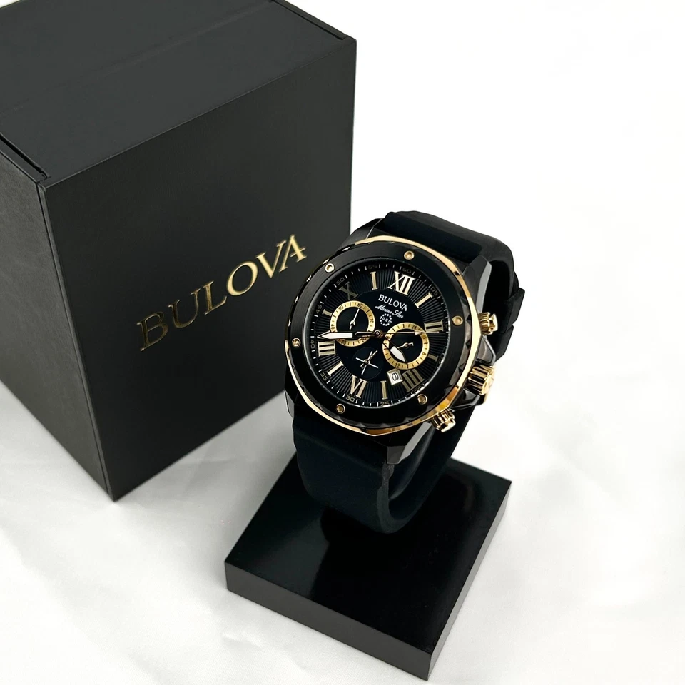 Reloj de cuarzo Bulova Marine Star 98B278 esfera negra correa de silicona 44 mm para hombre Foto 2 de 4