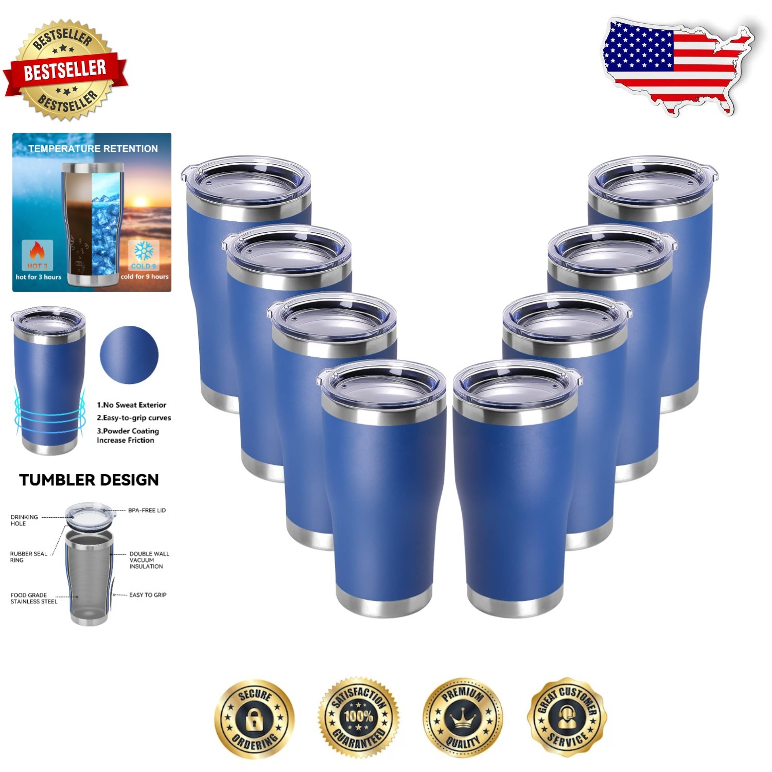 8-Pack 20oz Dark Blue Powder Coated Insulated Travel Tumblers