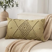 Boho Geometric Textured Lumbar Pillow Cover 12x 20, Woven Tufted Neutral Olive