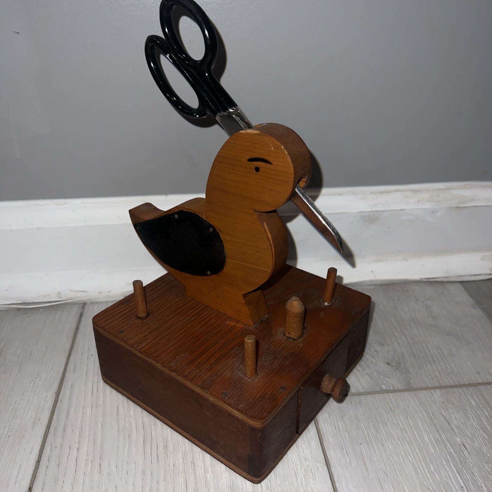 Vintage Wooden Bird Duck Sewing Caddy w/ Drawer, Scissors & Pin Cushion Beauty