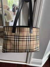 Burberry Beige Plaid Tote Shoulder Bag Zip Top Black Straps Lined Pockets