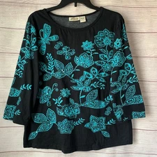 Collections Etc. Balack with Light Blue Floral and Butterfly Pattern Size L