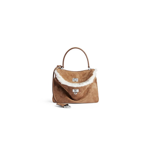 BALENCIAGA Rodeo Mini $3090 Noce/White Suede Top Handle Bag New & Authentic