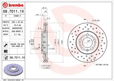 Brembo 09.7011.1X Brake Disc for, Audi, Seat, Skoda, Skoda (SVW), VW, VW (FAW), VW (SV
