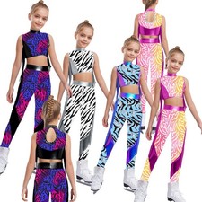 Kids Girls Set Crop Top Costume With Pants Outfit 2 Piece Mock Neck Tights Jazz