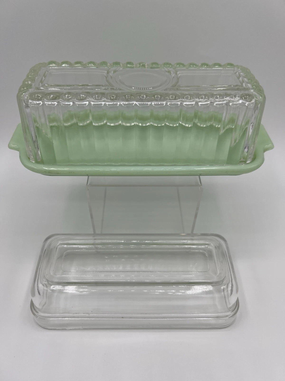 Fire King Jadeite Butter Dish With Interchangable Covers Vintage Green Glass