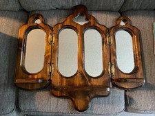 Vintage Wood Folding Wall Mirror 28 Trifold Arched Panels Shelves Vanity