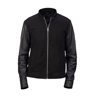 Herren Schwarz Echt Wildleder Lederjacke Bomber Style mit Lammleder Lederärmeln