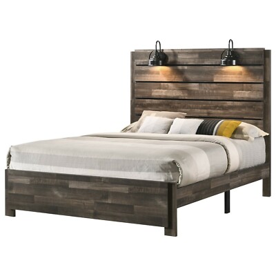 Traditional Rustic Brown 1Pc Built in Sconce Light Lamps Platform King Size Bed