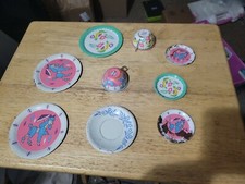 9 Piece Childs Toy tin litho metal tea cup ohio art co poodle Flower Set saucer