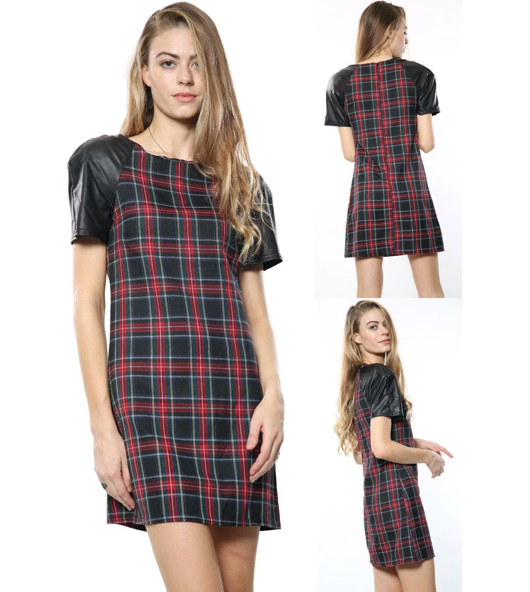 Womens Tartan Print Shift Dress Ladies Check Casual Winter Red Long Shirt