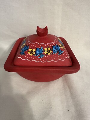 Clay Handpainted Dish / Butter Dish/ Candy  Red & Blue Birds Made in Mexico
