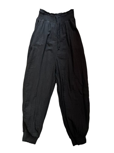 Oysho Womens Baggy Pants Medium Black Smocked Waist Gauzy Cotton Casual Trouser