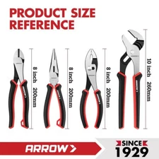 ARROW 4-Piece Pliers Set 8" Diagonal Long Nose Slip Joint 10" Groove Joint Plier