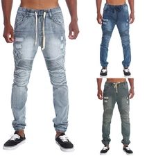 Victorious Men's Distressed Biker Denim Jogger Pants Moto jeans    JG870 - L