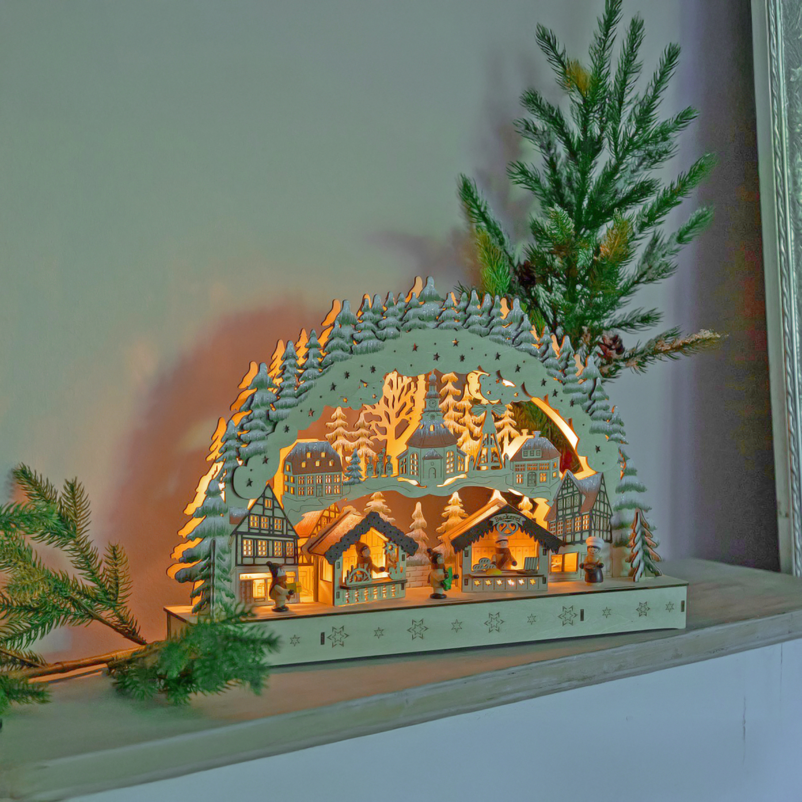 LED Holz Schwibbogen 44cm - Winter Markt - Weihnachten Advent Tisch Fenster Deko