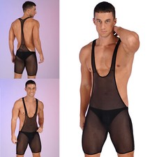 Mens Bodysuit Sheer See-Through Mesh Wrestling Singlet Jumpsuit Stretchy