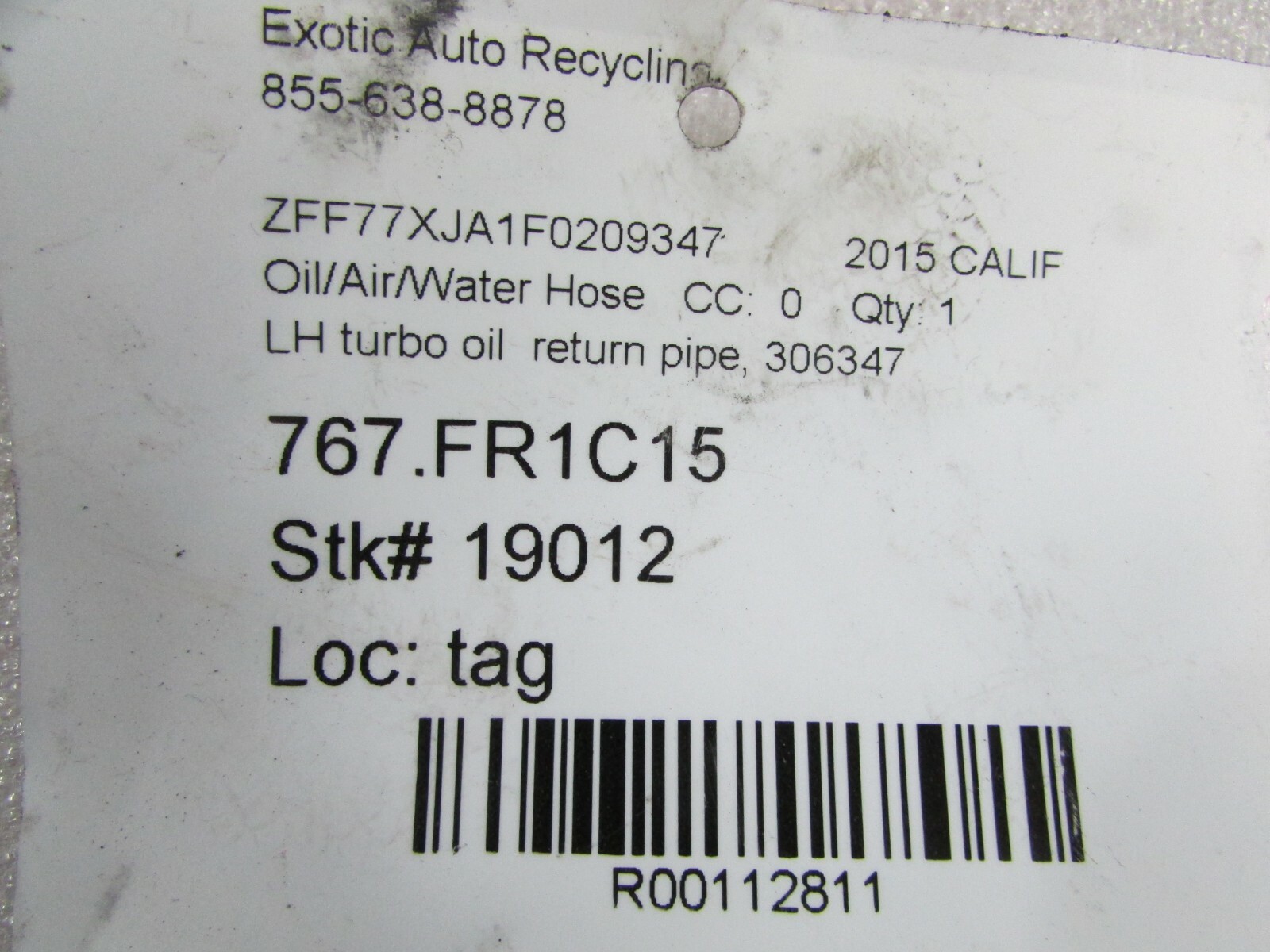 Ferrari California T, LH Turbo Oil Return Hose, Pipe, Used, P/N 306347