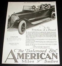 1920 OLD MAGAZINE PRINT AD, AMERICAN MOTORS, THE BALANCED SIX, MILES OF SMILES!