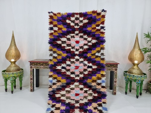 Moroccan Handmade Vintage Rug 2'8''x8'5'' Berber Geometric Purple Cotton Carpet - Picture 2 of 12