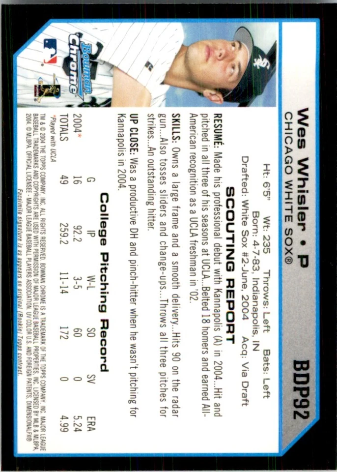 2004 Bowman Chrome Wes Whisler 100 Baseball Cards #BDP92 - Image 2 of 2