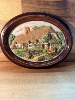 Vintage 3D Oval Plaster Wall Hanging Thatched Roof English
