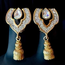 Large Clip On Earrings Rhinestone Tassel Dangle Gold Tone Black Enamel Vintage