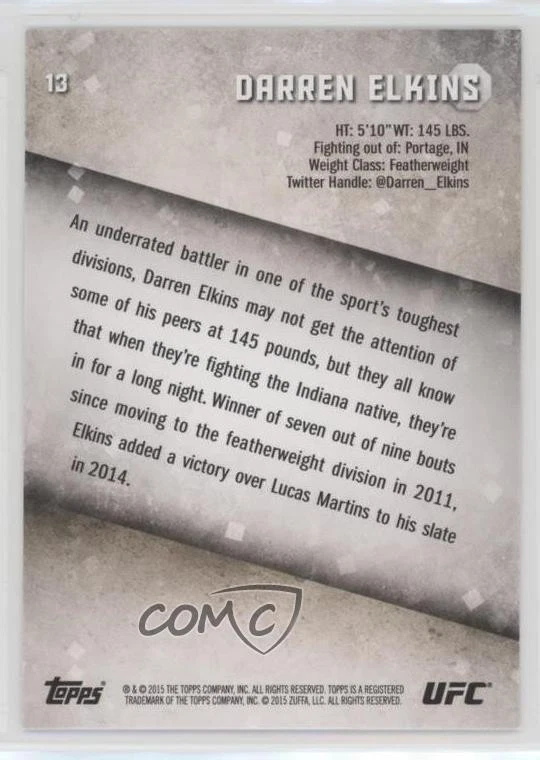 2015 Topps UFC Knockout Darren Elkins #13 - Image 2 of 2