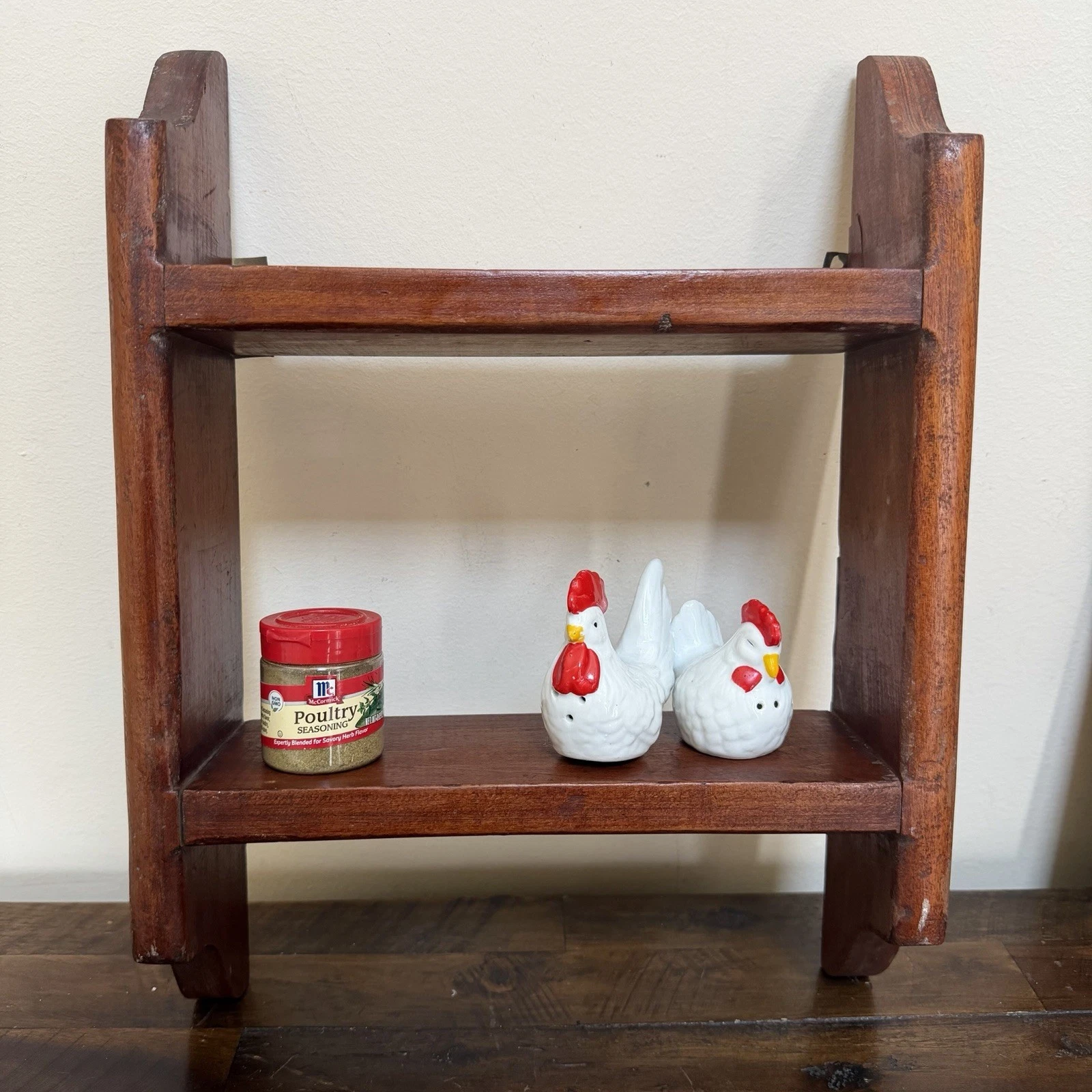 VTG Homemade 2 Tier Wooden Wall Shelf Spice Rack Farmhouse Rustic Kitchen Decor
