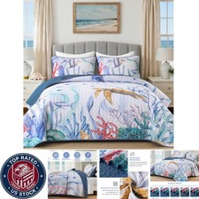 3-Piece Coastal Beach King Quilt Pillow Set, Reversible  Lightweight Microfiber