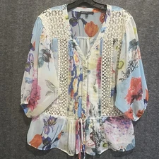 Daniel Rainn Top Womens M Blue Floral Boho Crochet Pleated Tie Peplum Blouse