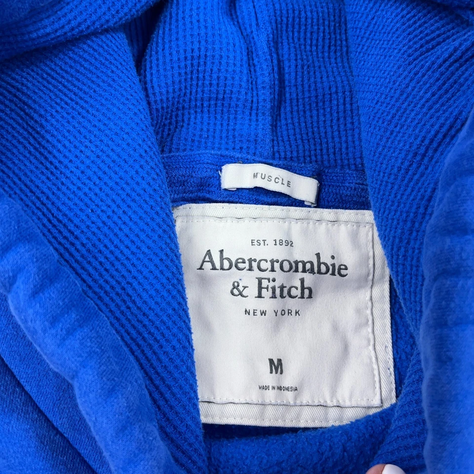 Vintage Y2K Abercrombie & Fitch Hoodie Men Medium Blue White Muscle Spellout - Image 3 of 4
