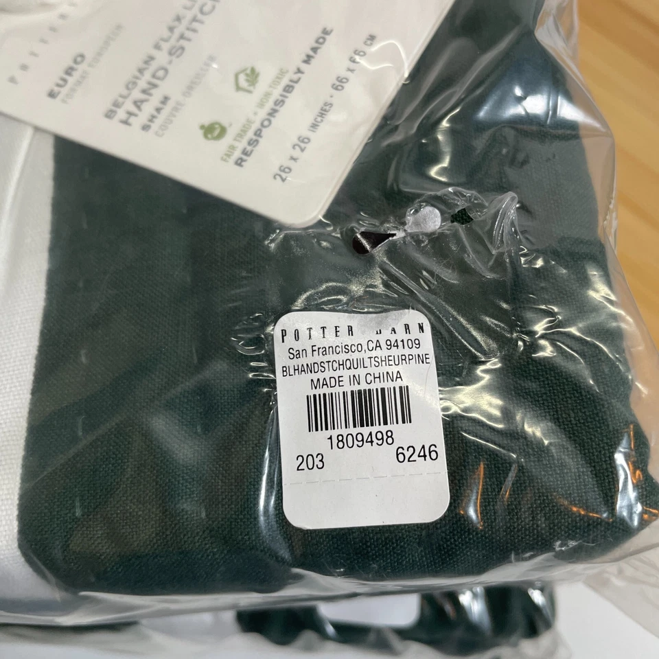 Pottery Barn Pino Verde Belga Lino Costura a Mano Acolchado Euro Sham 2 Piezas Foto 3 de 4