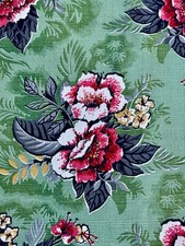 1950’s Camellia ROSES On Rare Jadeite Hollywood Regency Barkcloth Vintage Fabric