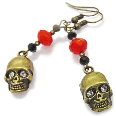 Halloween Metal Skull With Rhinestone Eyes and Glass Bead Earrings By SoniaMcD