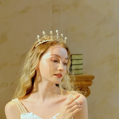 Crown Fit For A Queen White and Gold Faux Pearls Flower Prom Lovely White Butterfly Flower Pearl Crystal Tiara Crown  main image 3