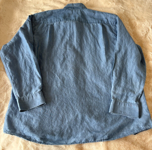 Camicia Orvis donna XL blu chiaro manica lunga bottoni 55% lino con taschino - Foto 3 di 10