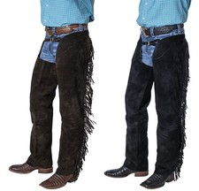 Western Shotgun Fringed Chaps - Suede Leather - Black or Brown - XS,S,M,L,XL