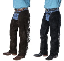Western Shotgun Fringed Chaps - Suede Leather - Black or Brown - XS,S,M,L,XL