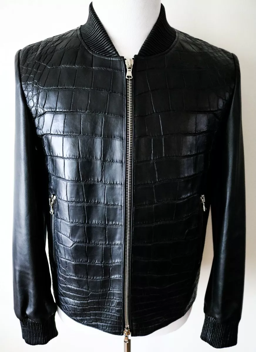 Italian handmade Men genuine lambskin leather jacket alligator crocodile  Black