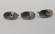 3 Vtg Rhinestone Silver Blue Enamel Men's Tuxedo Shirt Studs Spring Loaded
