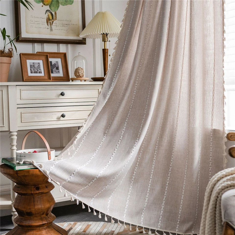 Stripe Embroidery Curtain For Living Room Tassel Drape Treatment - Image 4 of 4