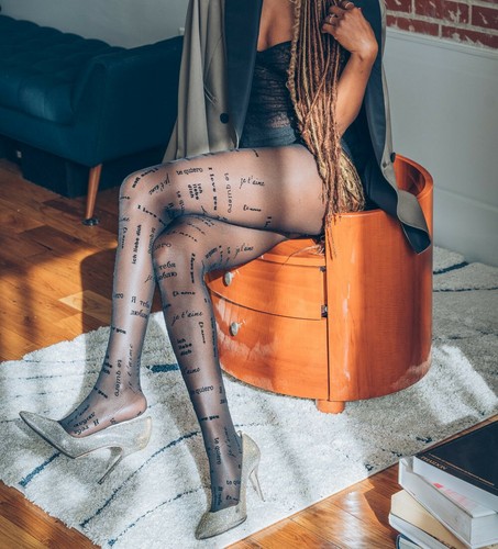 ❤ I Love You in Different Languages Tights Black Pantyhose w/Text Tattoo Print